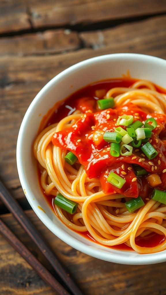 A bowl of spicy noodles garnished with green onions and sesame seeds, on a wooden table with chopsticks.